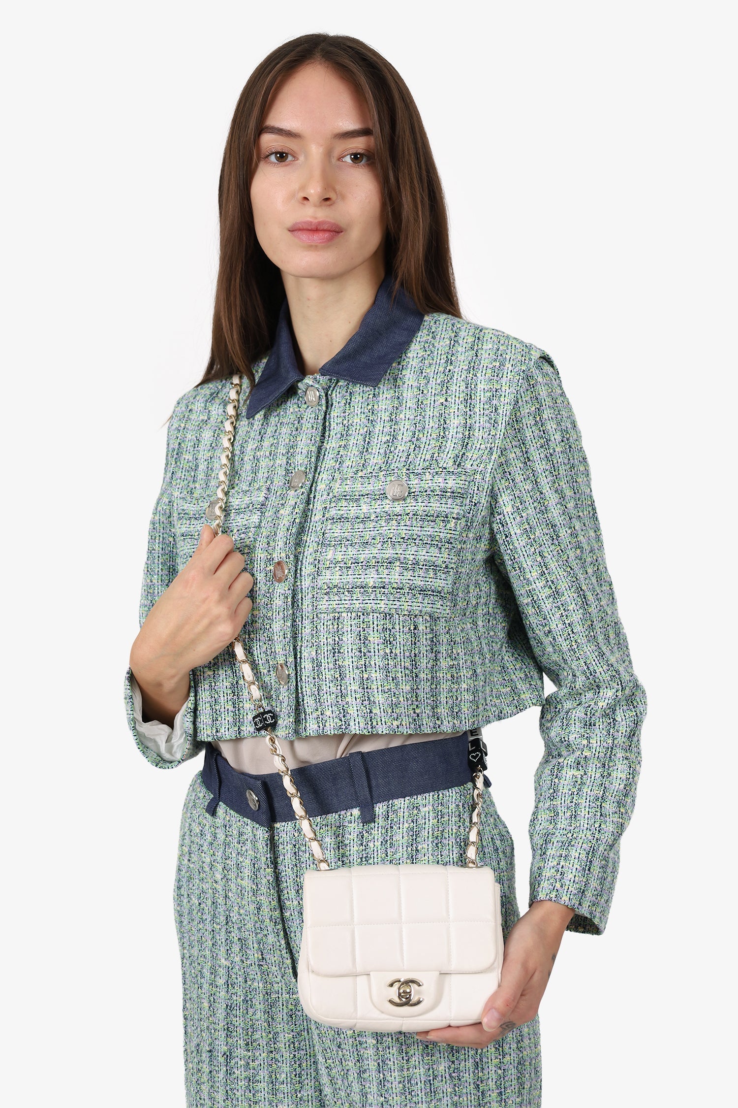 Pre-Loved Chanel™ 2023 White Quilted Lambskin Resin Crystal Monacoco Mini Square Flap Bag