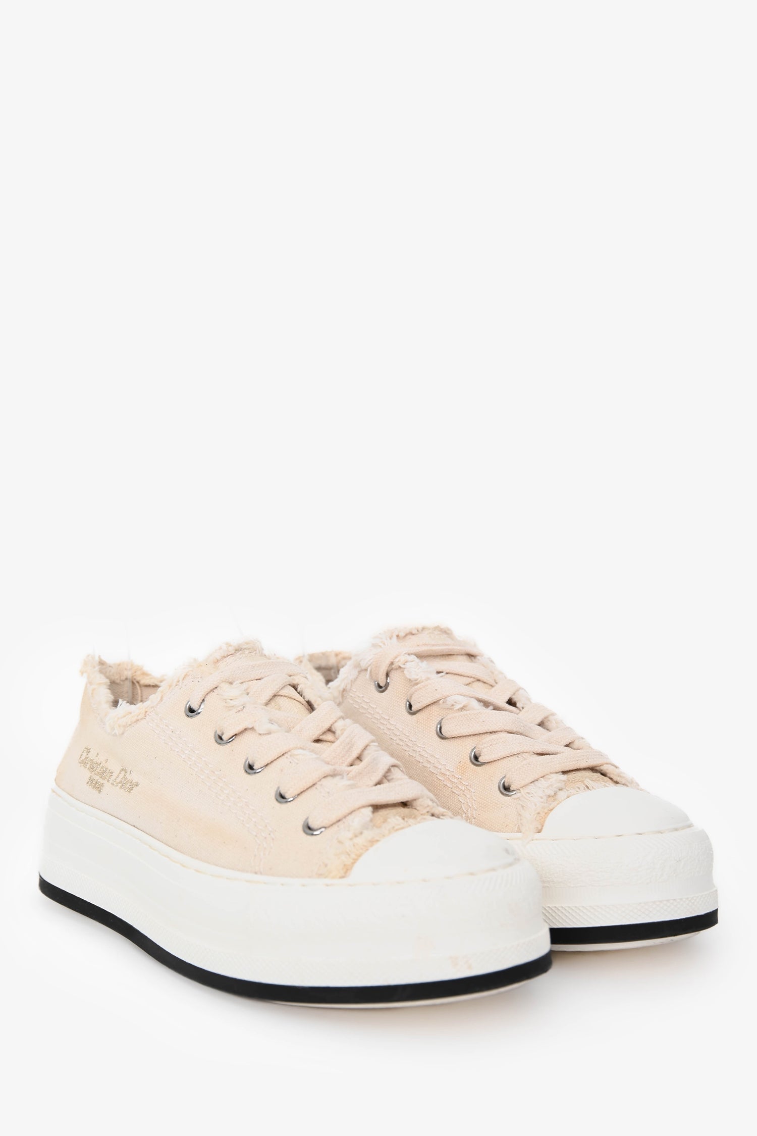 Christian Dior Cream Frayed Canvas Platform Sneakers Size 37