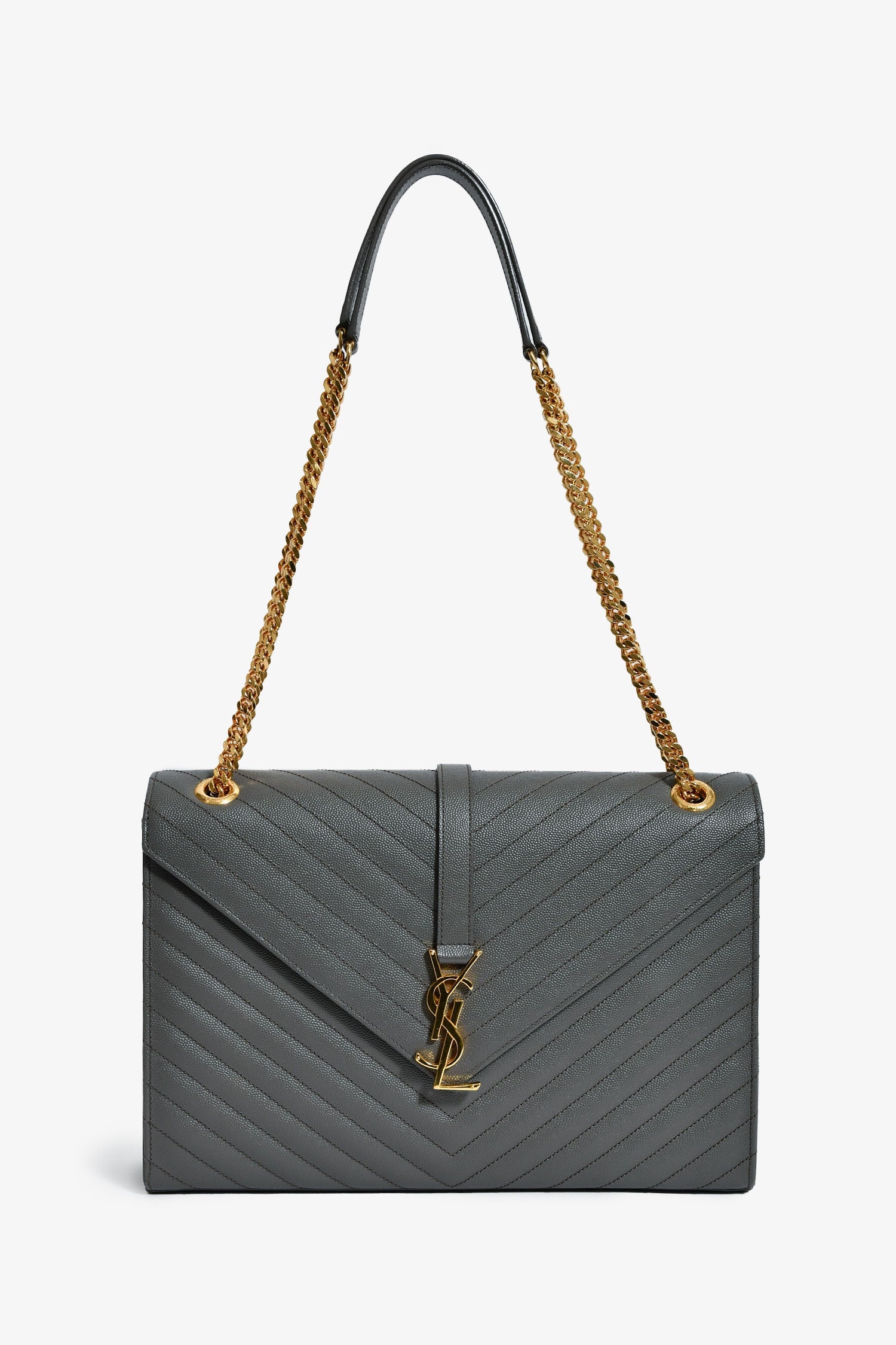 Saint Laurent Grey Chevron Leather Envelope Large Chain Shoulder Bag