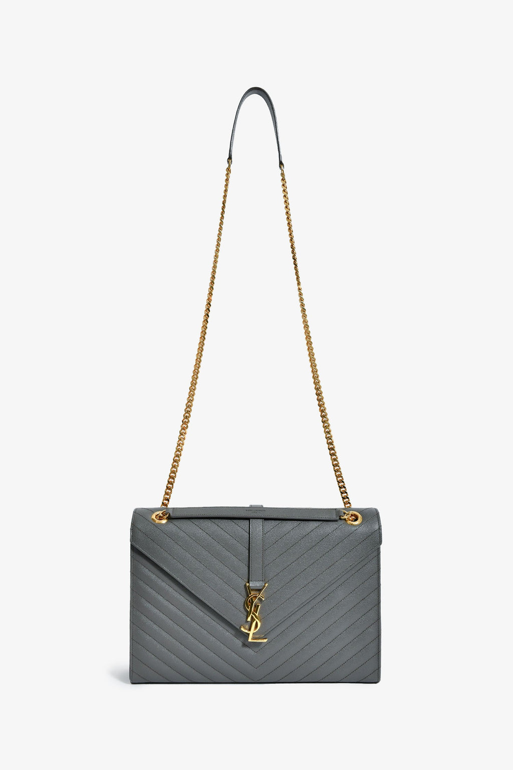 Saint Laurent Grey Chevron Leather Envelope Large Chain Shoulder Bag