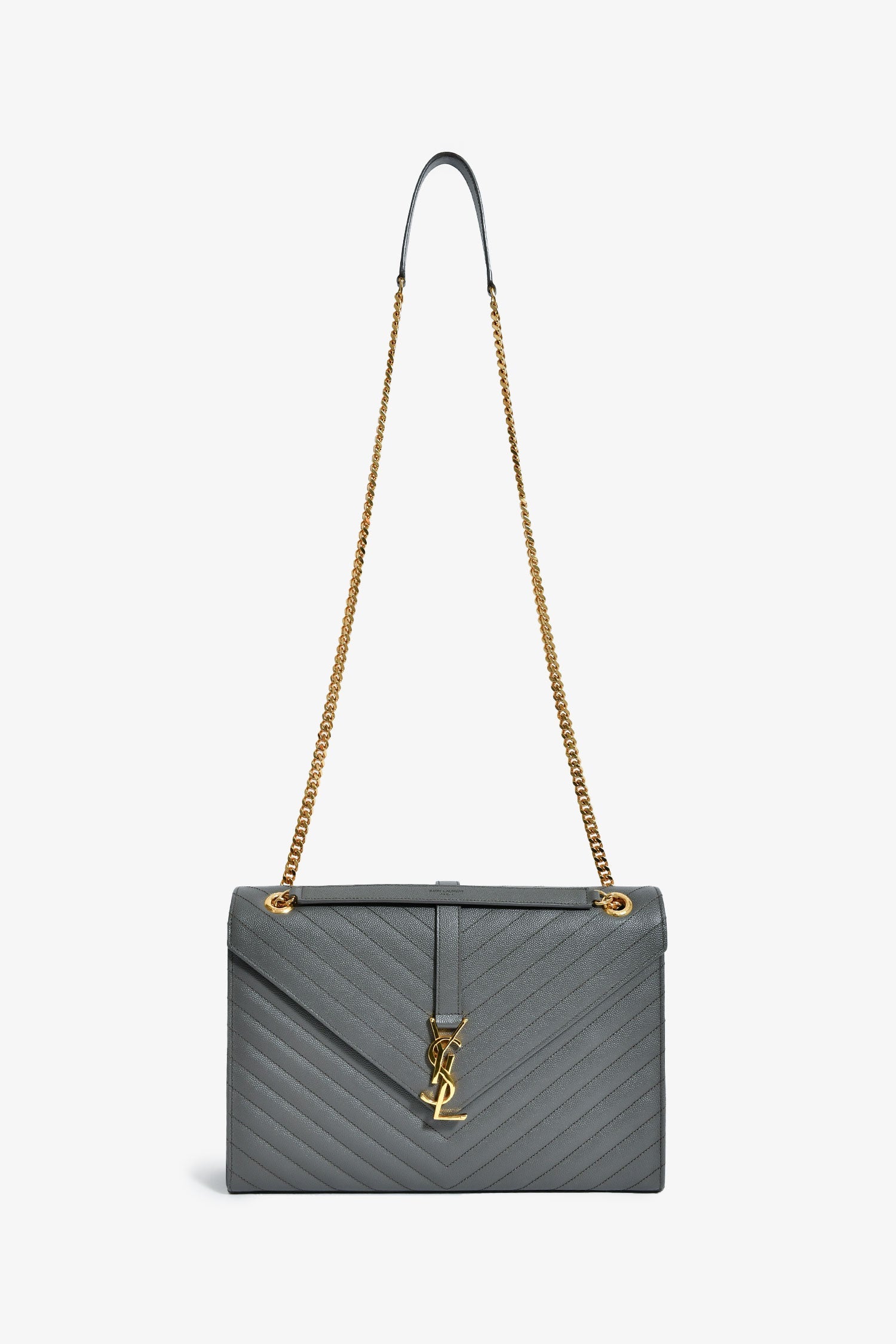 Saint Laurent Grey Chevron Leather Envelope Large Chain Shoulder Bag