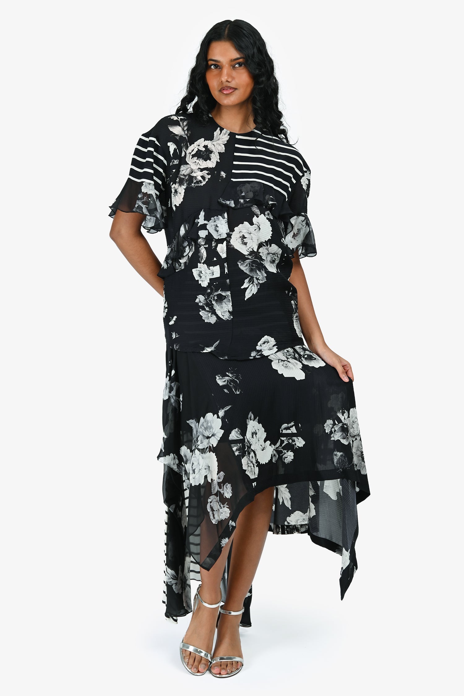 Preen by Thornton Bregazzi Black/White Floral Asymmetrical Midi Skirt/Short Sleeve Top Set Size S