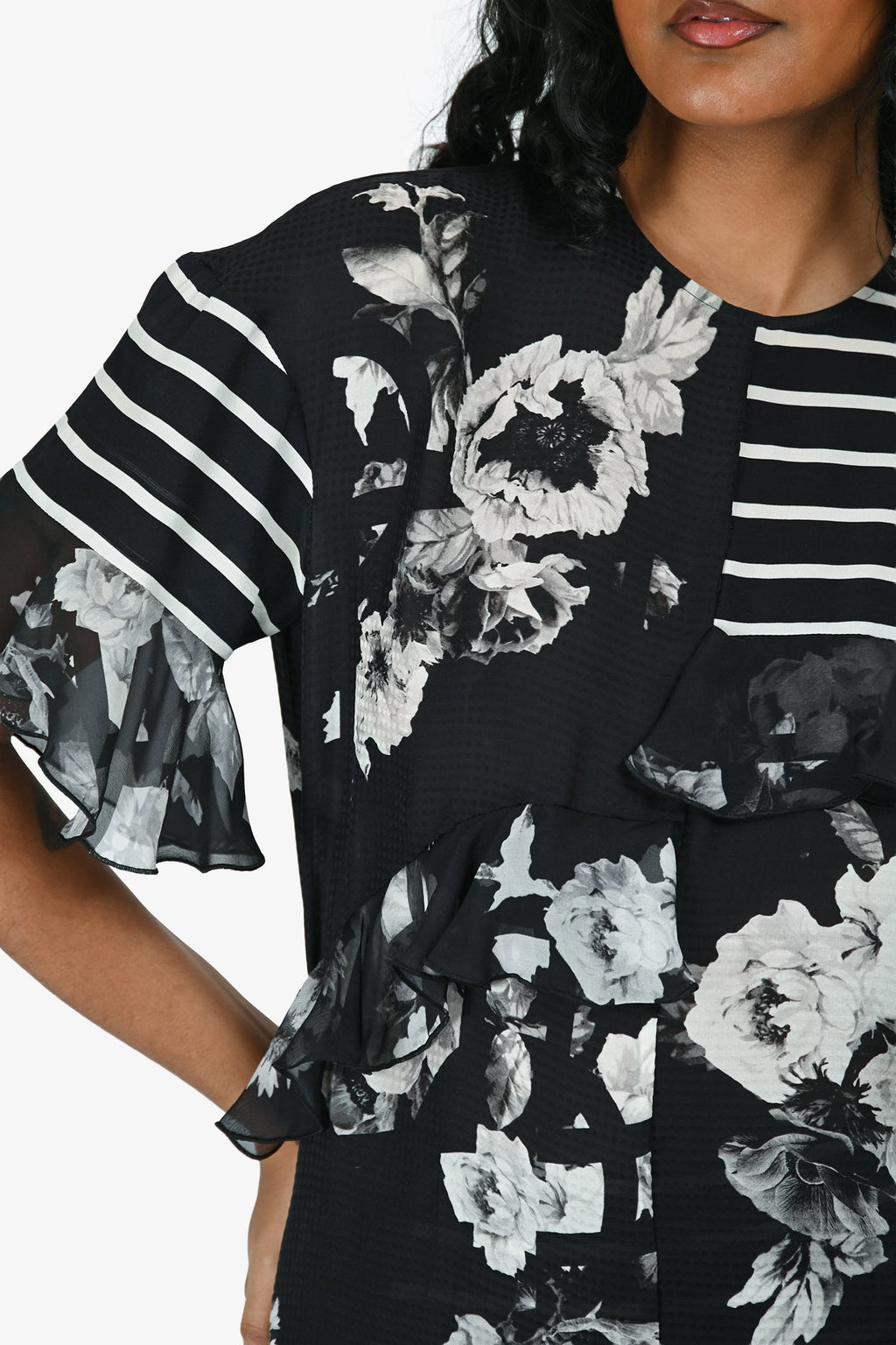 Preen by Thornton Bregazzi Black/White Floral Asymmetrical Midi Skirt/Short Sleeve Top Set Size S