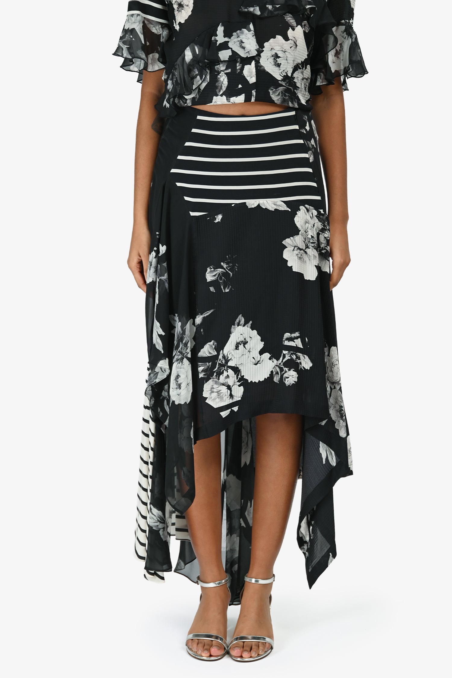 Preen by Thornton Bregazzi Black/White Floral Asymmetrical Midi Skirt/Short Sleeve Top Set Size S