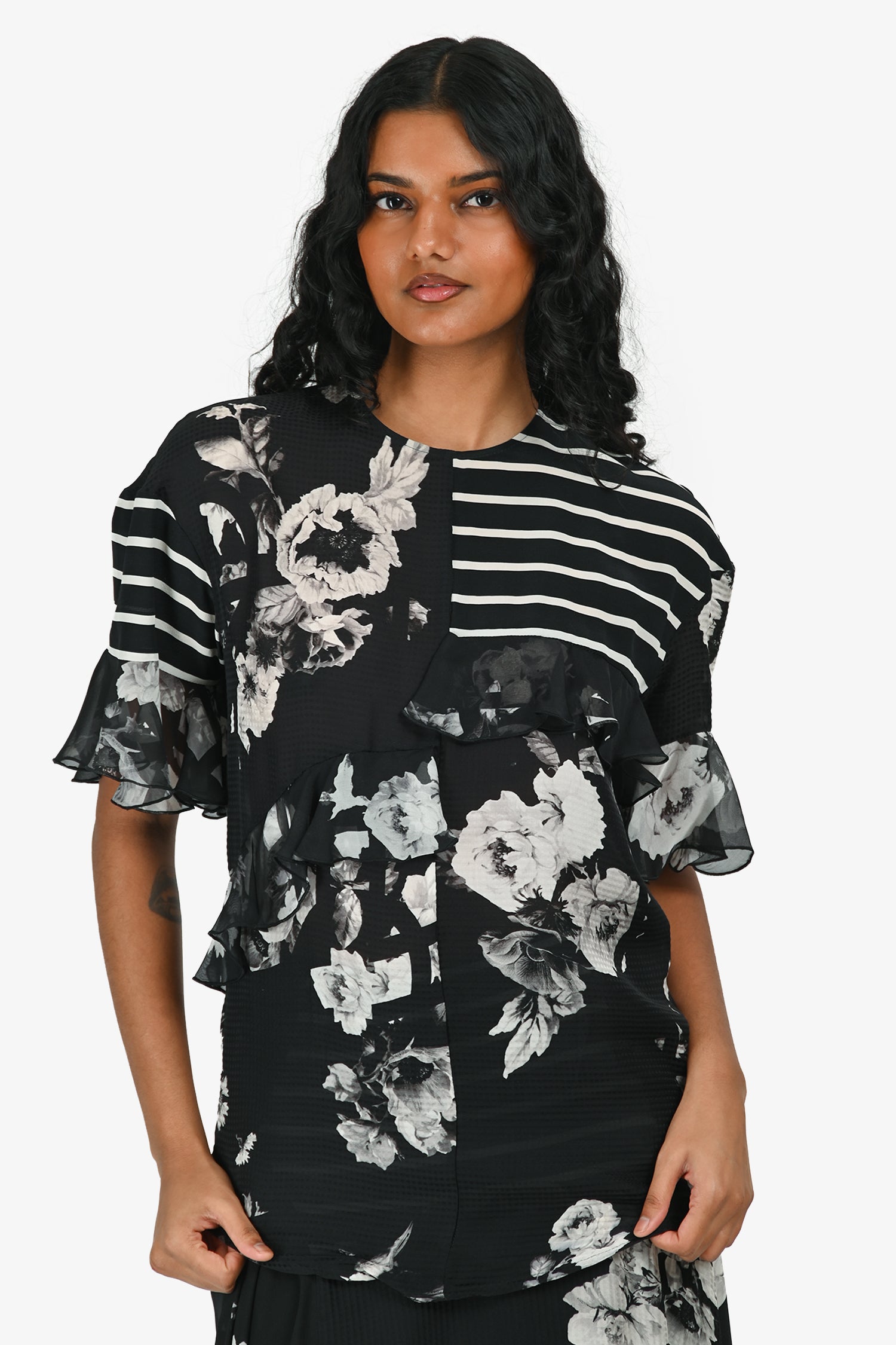 Preen by Thornton Bregazzi Black/White Floral Asymmetrical Midi Skirt/Short Sleeve Top Set Size S