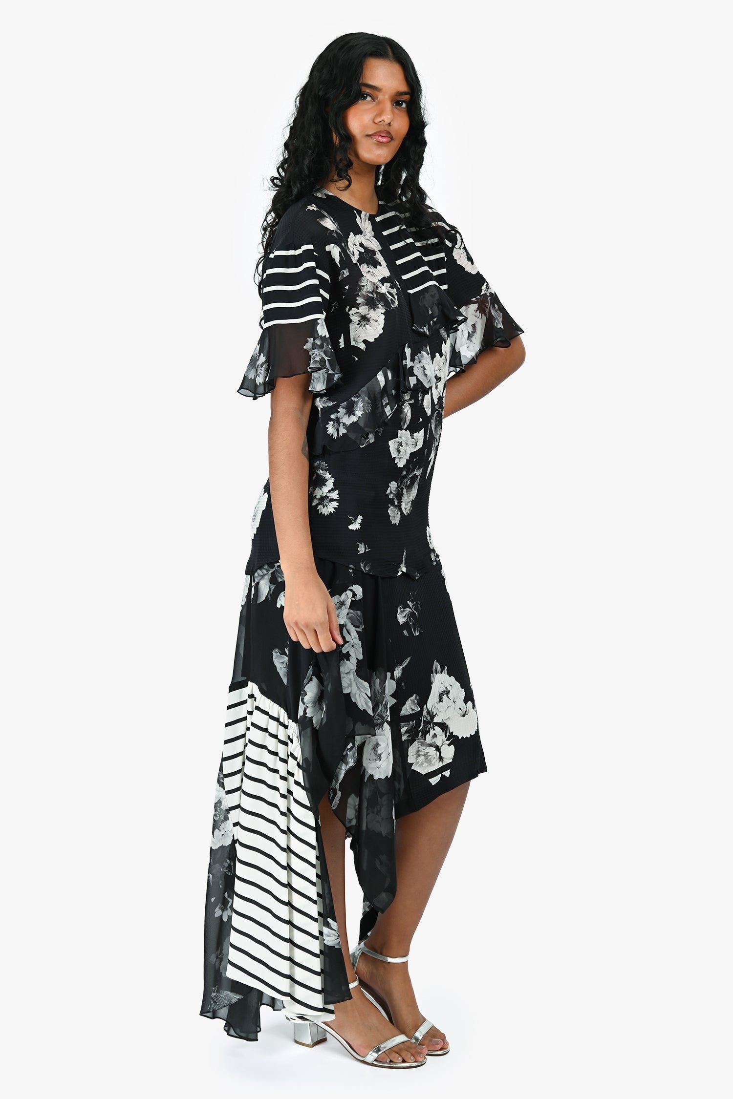 Preen by Thornton Bregazzi Black/White Floral Asymmetrical Midi Skirt/Short Sleeve Top Set Size S