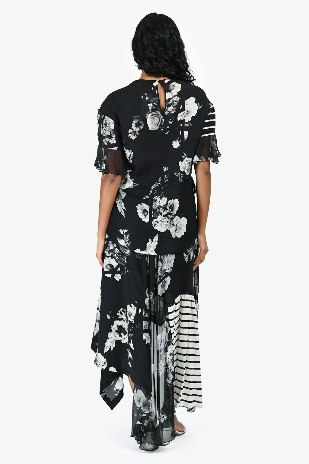 Preen by Thornton Bregazzi Black/White Floral Asymmetrical Midi Skirt/Short Sleeve Top Set Size S
