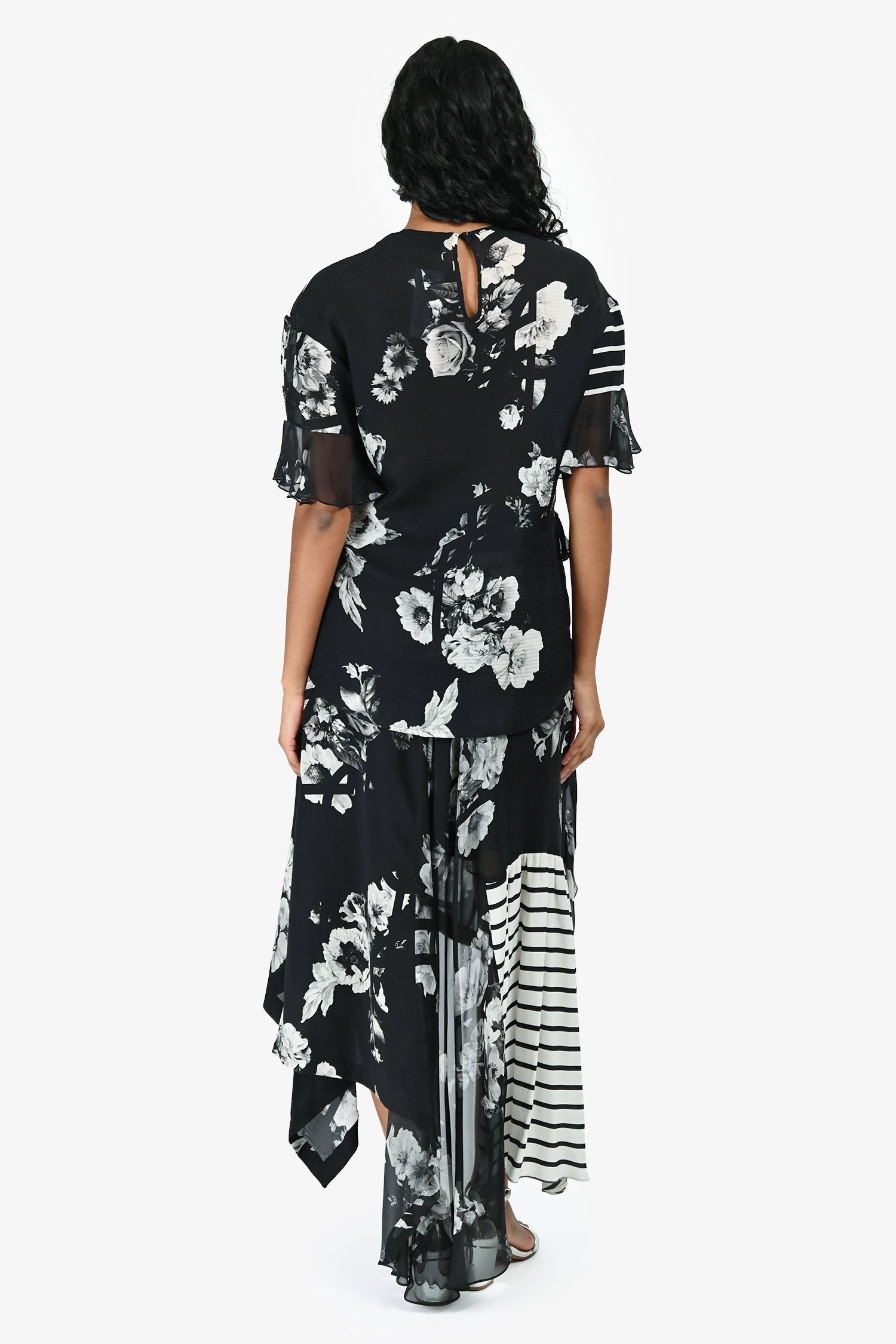 Preen by Thornton Bregazzi Black/White Floral Asymmetrical Midi Skirt/Short Sleeve Top Set Size S