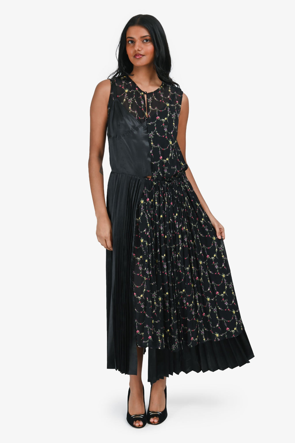 Junya Watanabe Comme des Garçons Black Floral Pleated Detail Sleeveless Midi Dress Size S