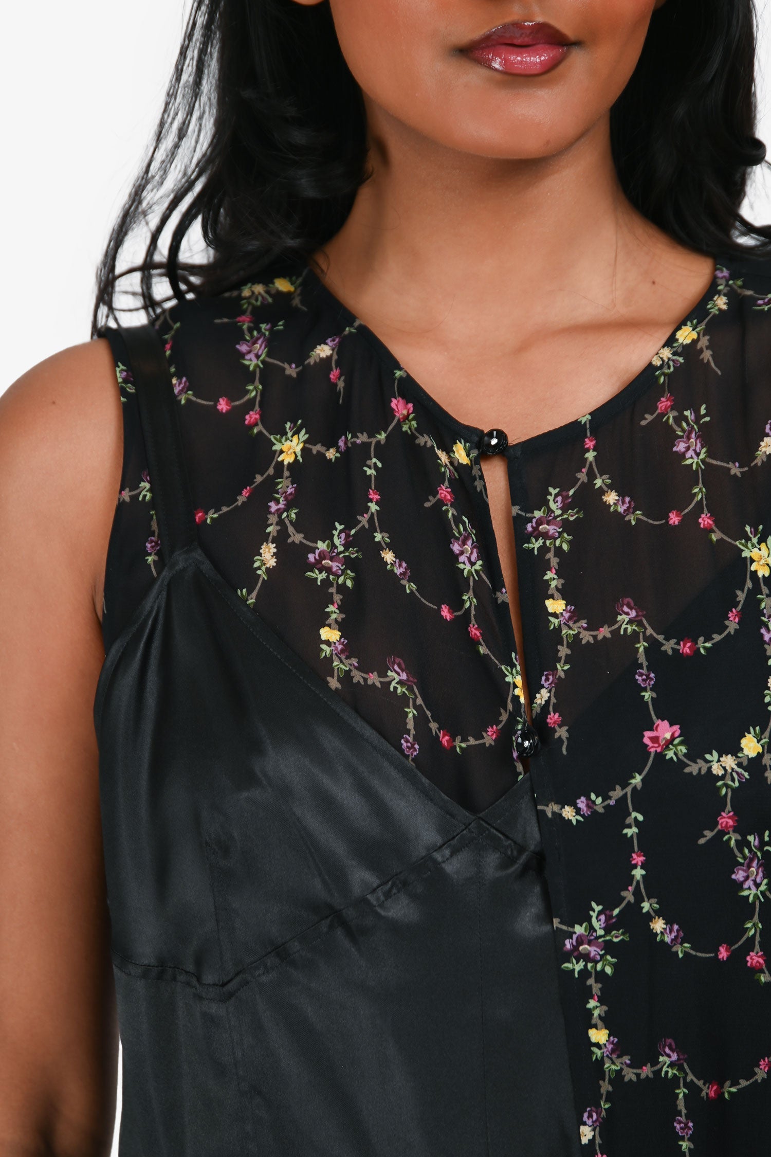 Junya Watanabe Comme des Garçons Black Floral Pleated Detail Sleeveless Midi Dress Size S