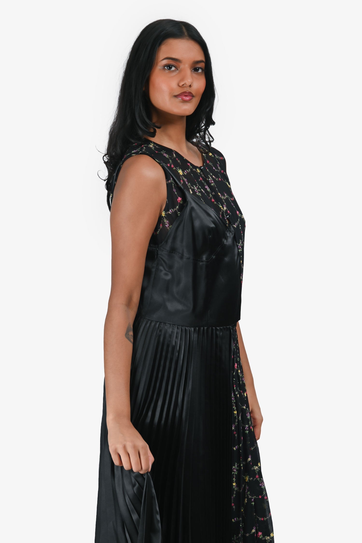 Junya Watanabe Comme des Garçons Black Floral Pleated Detail Sleeveless Midi Dress Size S