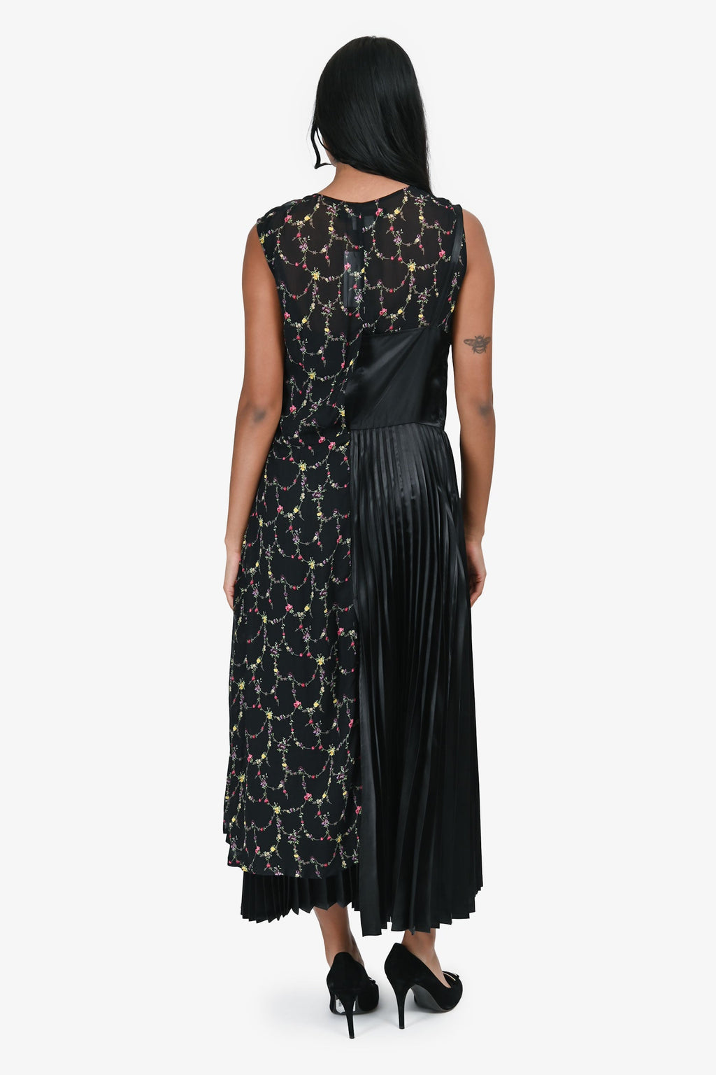 Junya Watanabe Comme des Garçons Black Floral Pleated Detail Sleeveless Midi Dress Size S