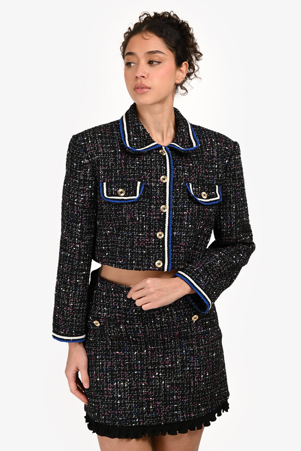 Sandro Black/Blue/Pink Tweed Crop Jacket Size 36