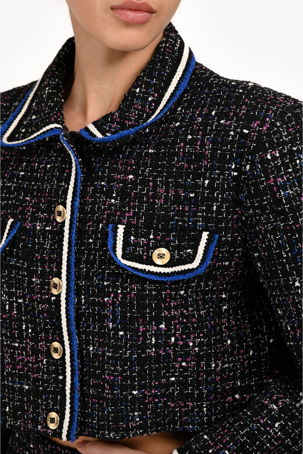 Sandro Black/Blue/Pink Tweed Crop Jacket Size 36