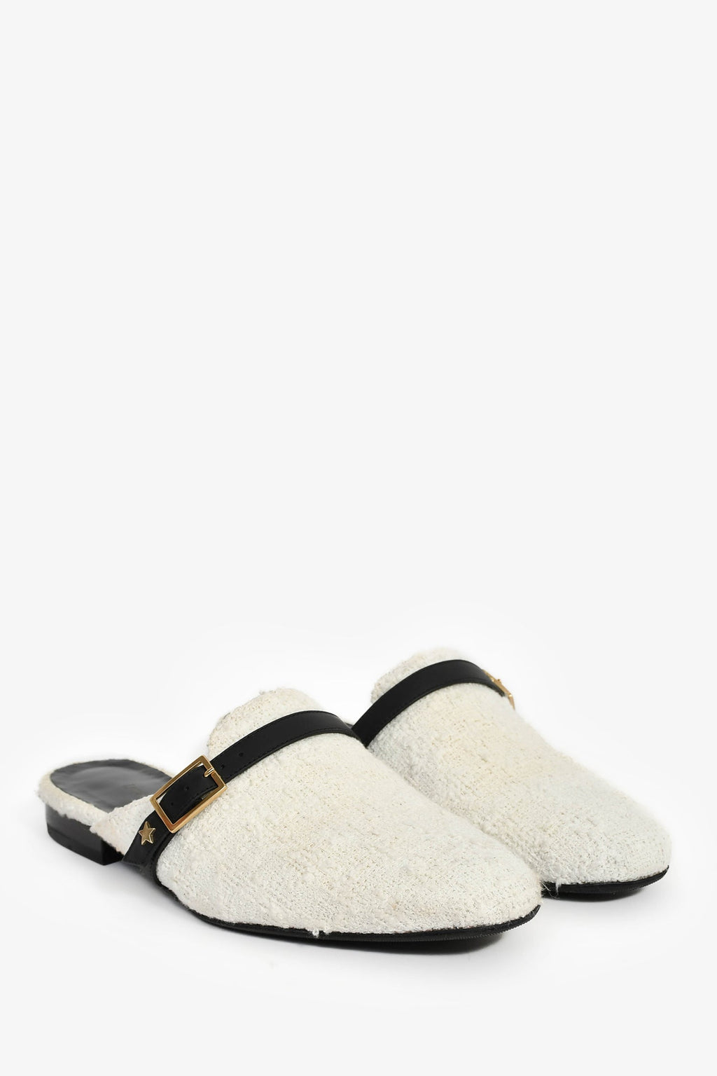 Lorena Antoniazzi White Tweed Leather Buckle Slide Mules Size 37
