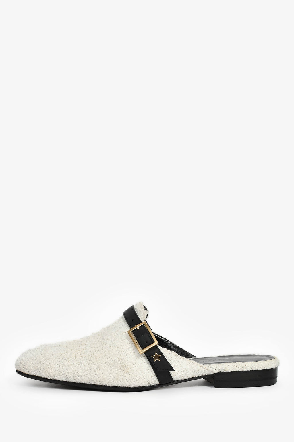 Lorena Antoniazzi White Tweed Leather Buckle Slide Mules Size 37
