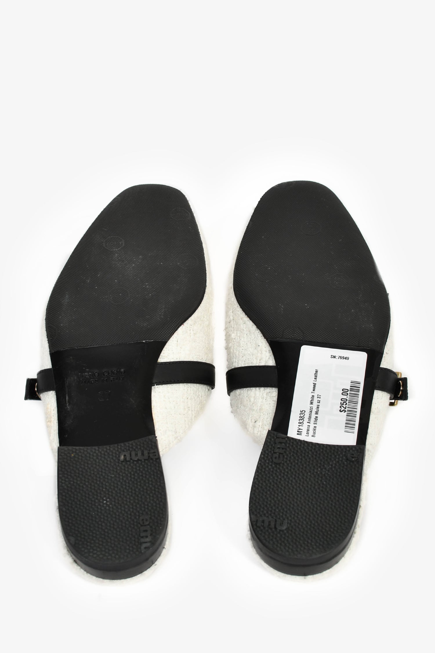 Lorena Antoniazzi White Tweed Leather Buckle Slide Mules Size 37