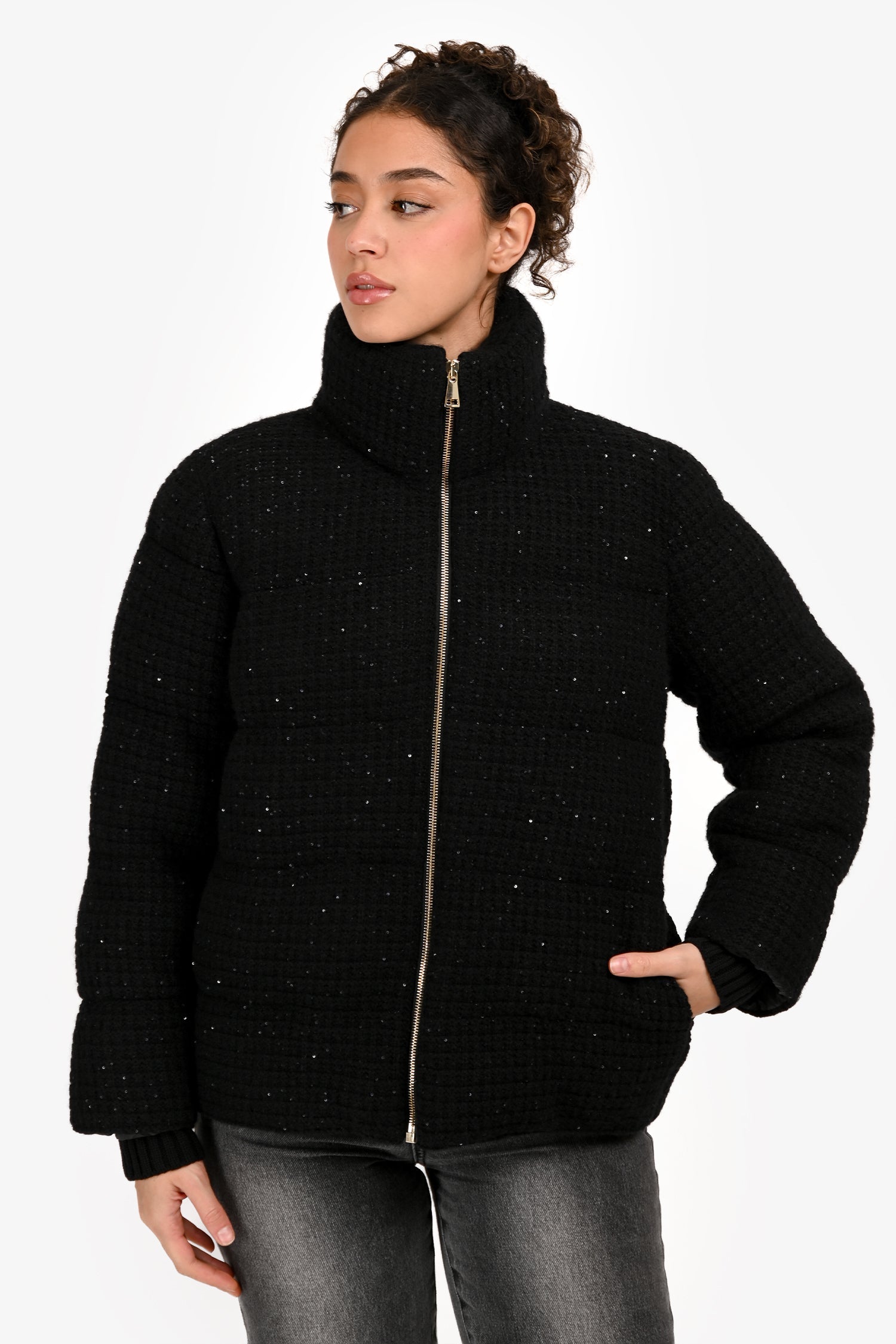 Fabiana Filippi Black Tweed Sequin Down Puffer Jacket Size XXS