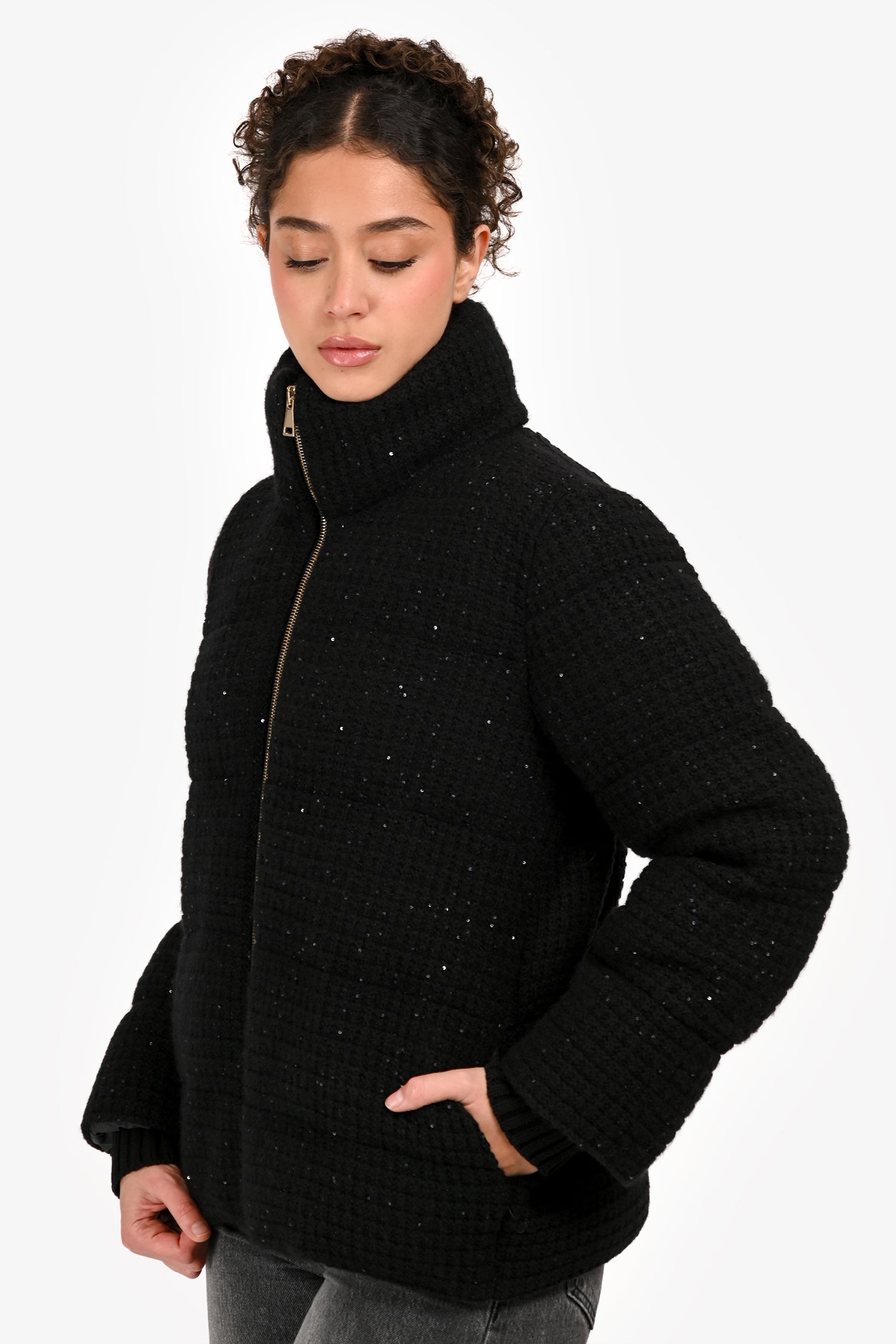 Fabiana Filippi Black Tweed Sequin Down Puffer Jacket Size XXS