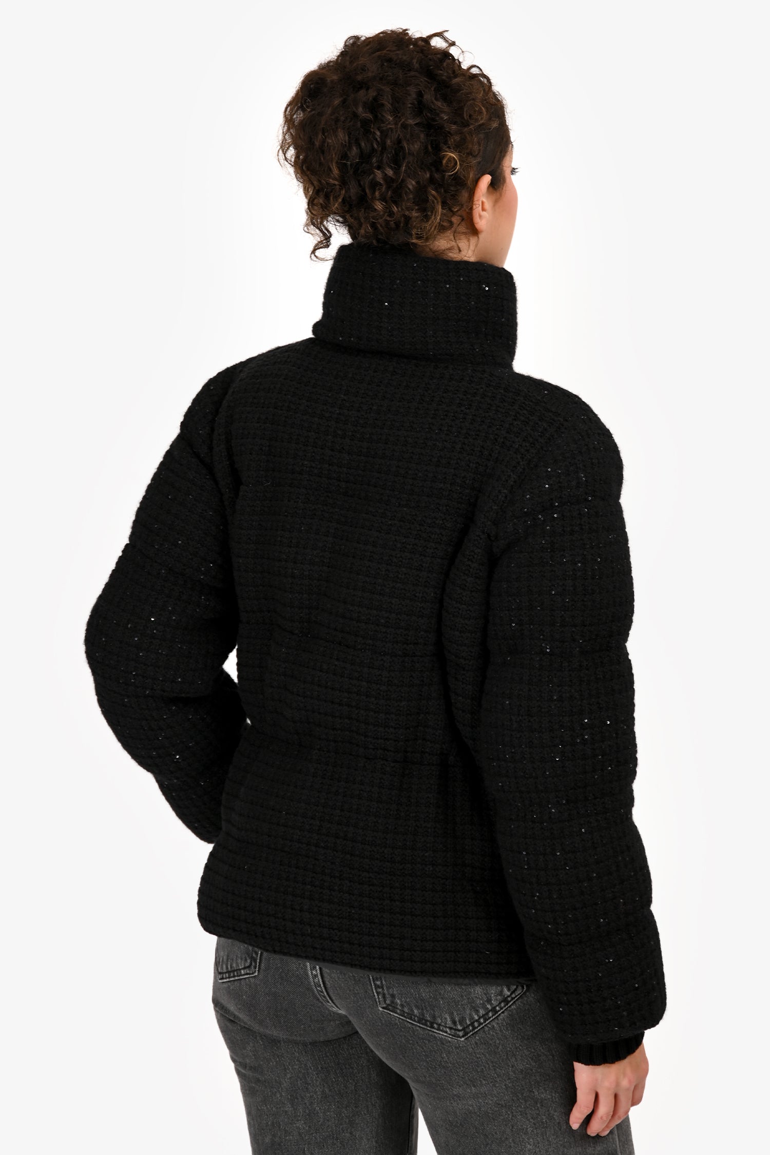 Fabiana Filippi Black Tweed Sequin Down Puffer Jacket Size XXS