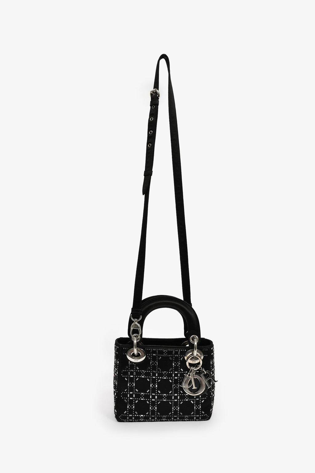 Christian Dior 2019 Black Satin Crystal Embellished Mini Lady Dior With Strap