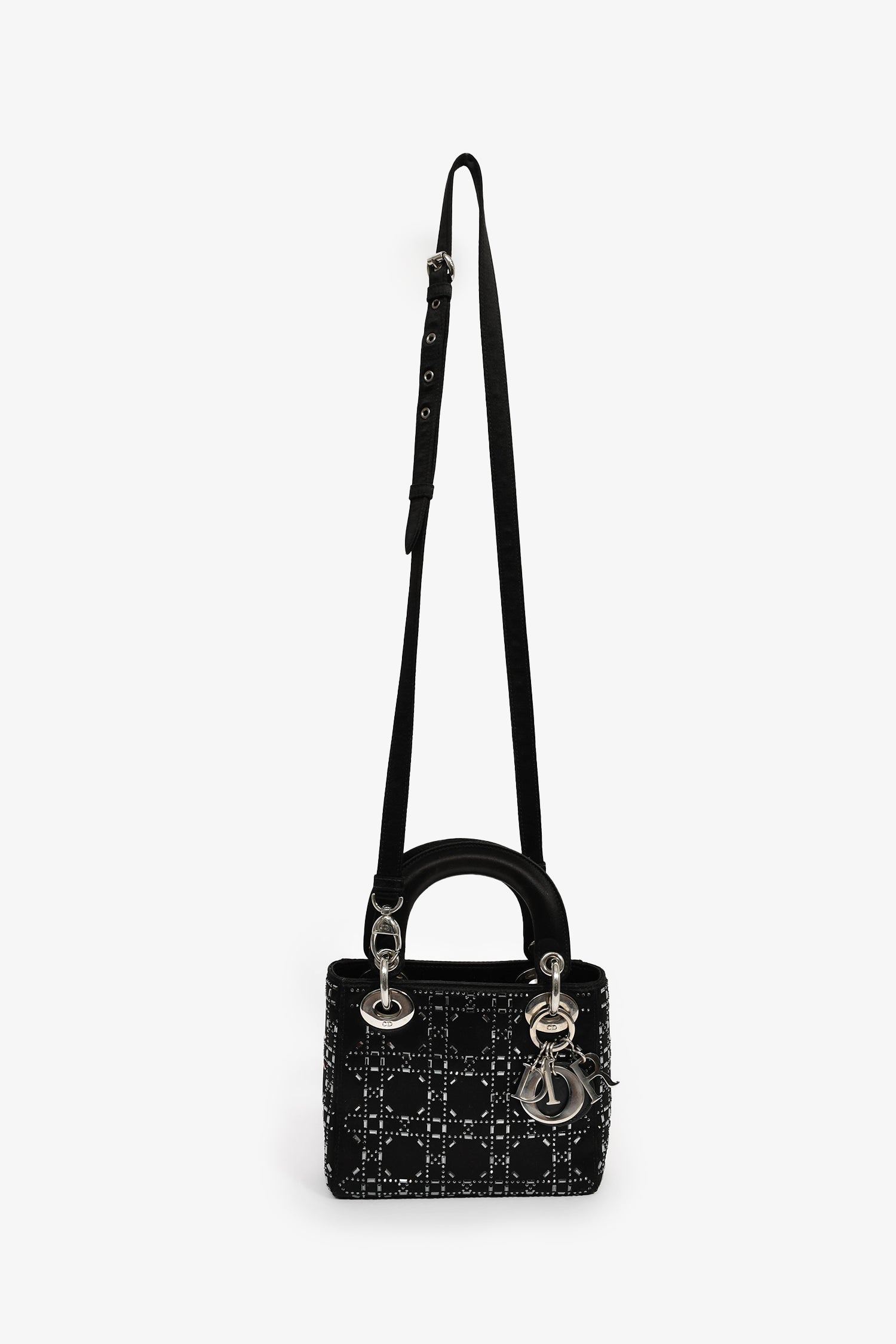 Christian Dior 2019 Black Satin Crystal Embellished Mini Lady Dior With Strap