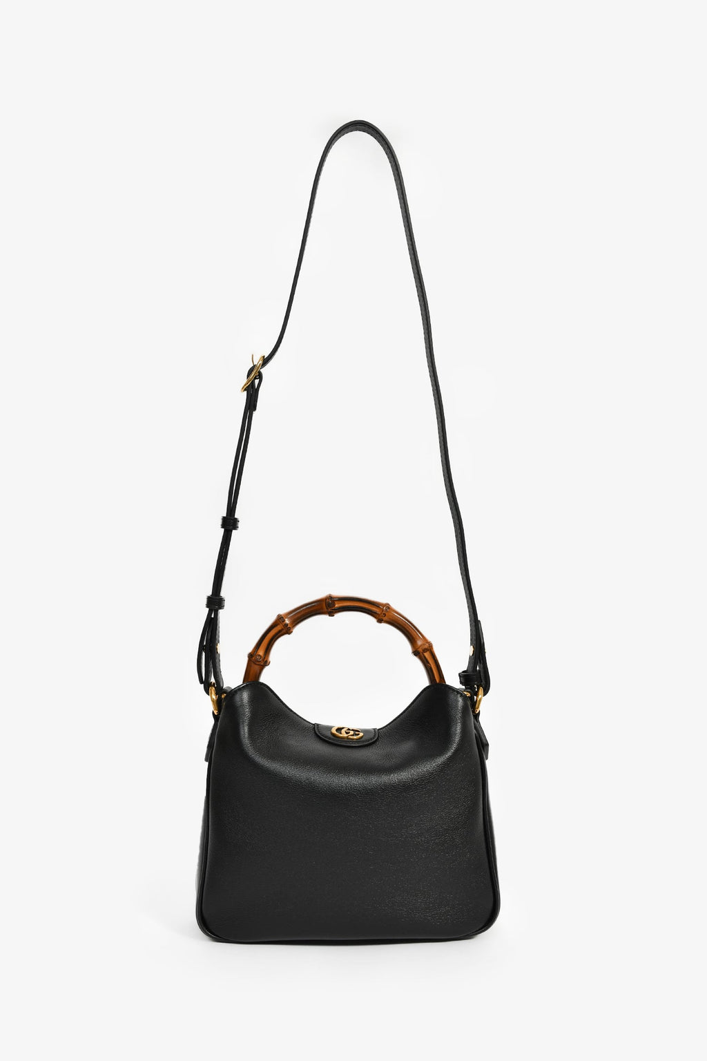 Gucci Black Leather Bamboo Handle Double G Small 'Diana' Bag With Strap