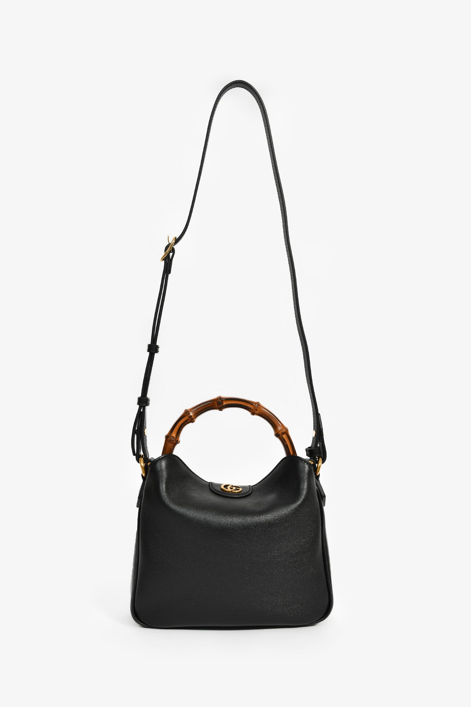 Gucci Black Leather Bamboo Handle Double G Small 'Diana' Bag With Strap