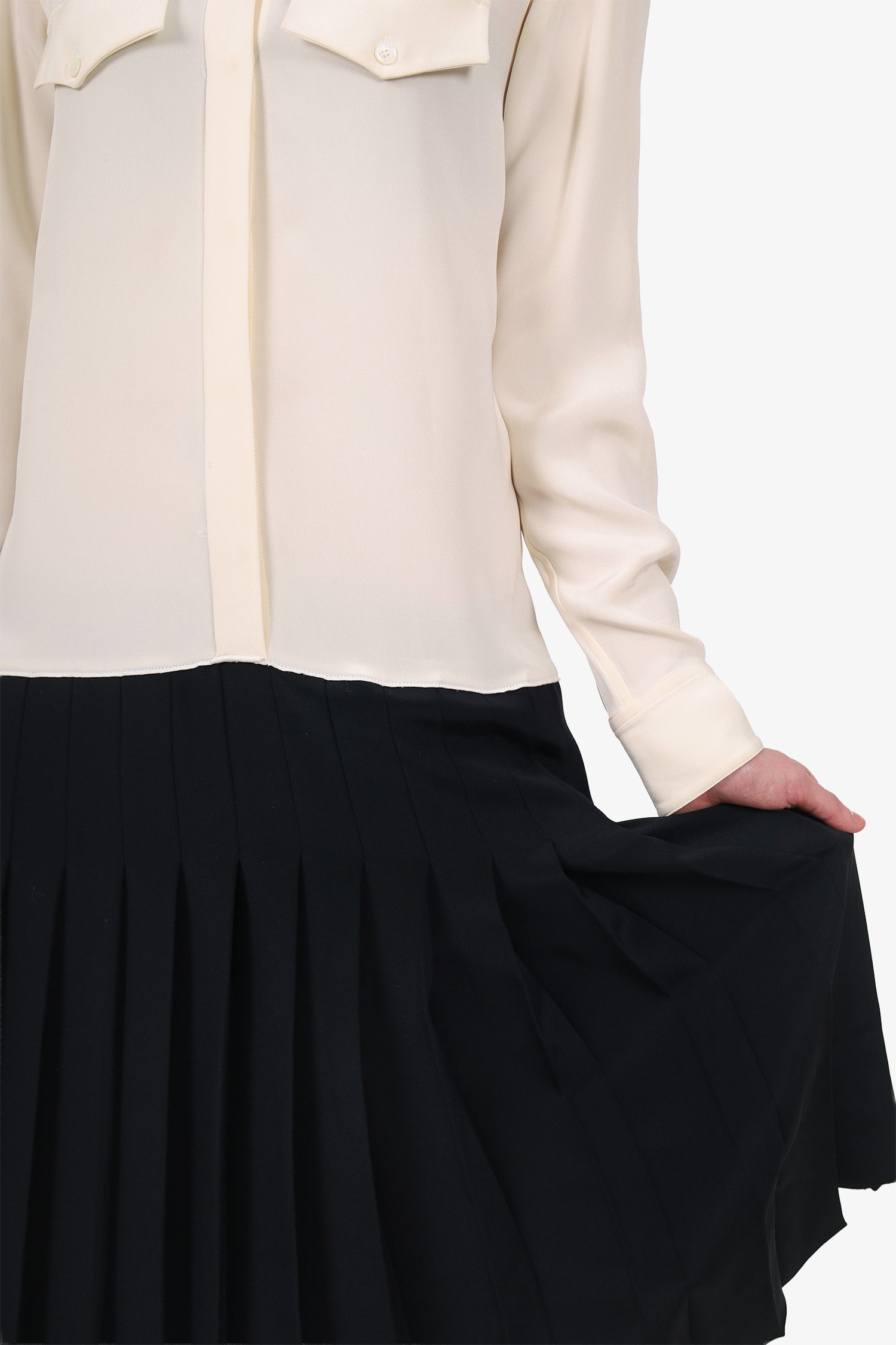 Celine Cream/Black Silk Button Up Pleated Dress Size 34