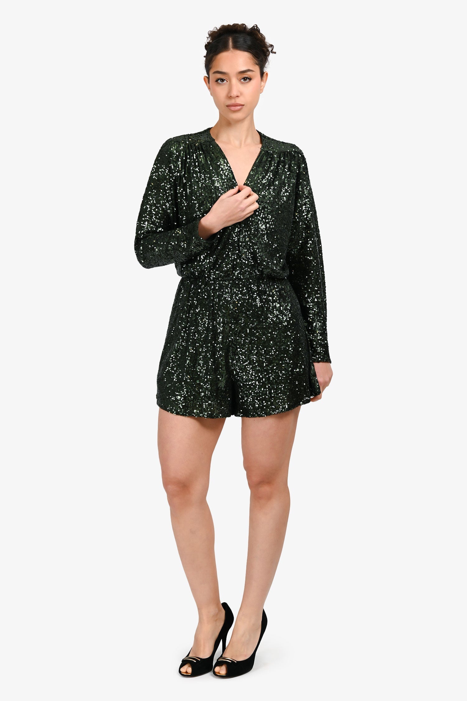 Maje Dark Green Sequins Deep V-Neck Romper Size 40