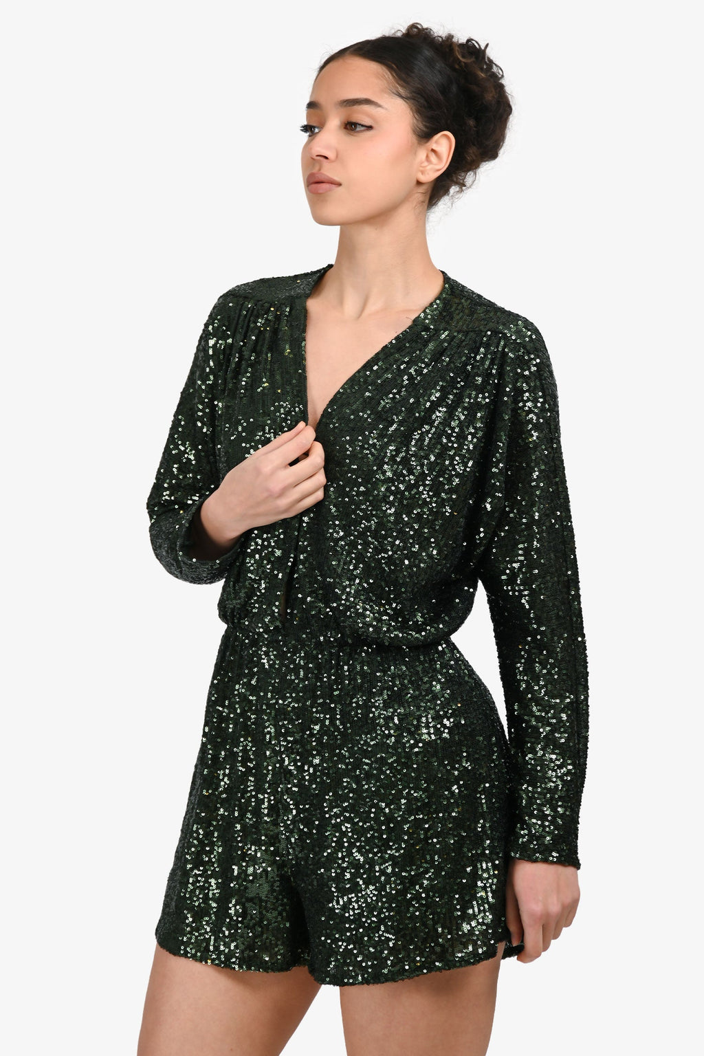 Maje Dark Green Sequins Deep V-Neck Romper Size 40