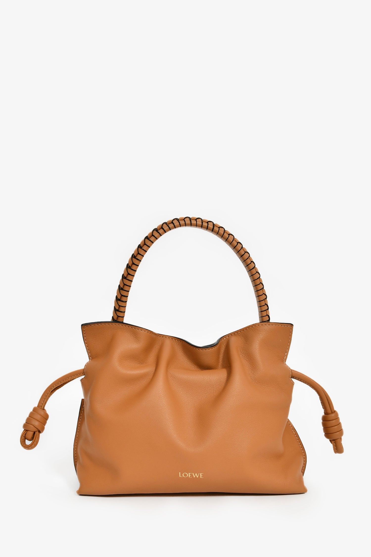 Loewe 2024 Brown Leather Mini Flamenco Clutch with Strap + Woven Spiral Strap