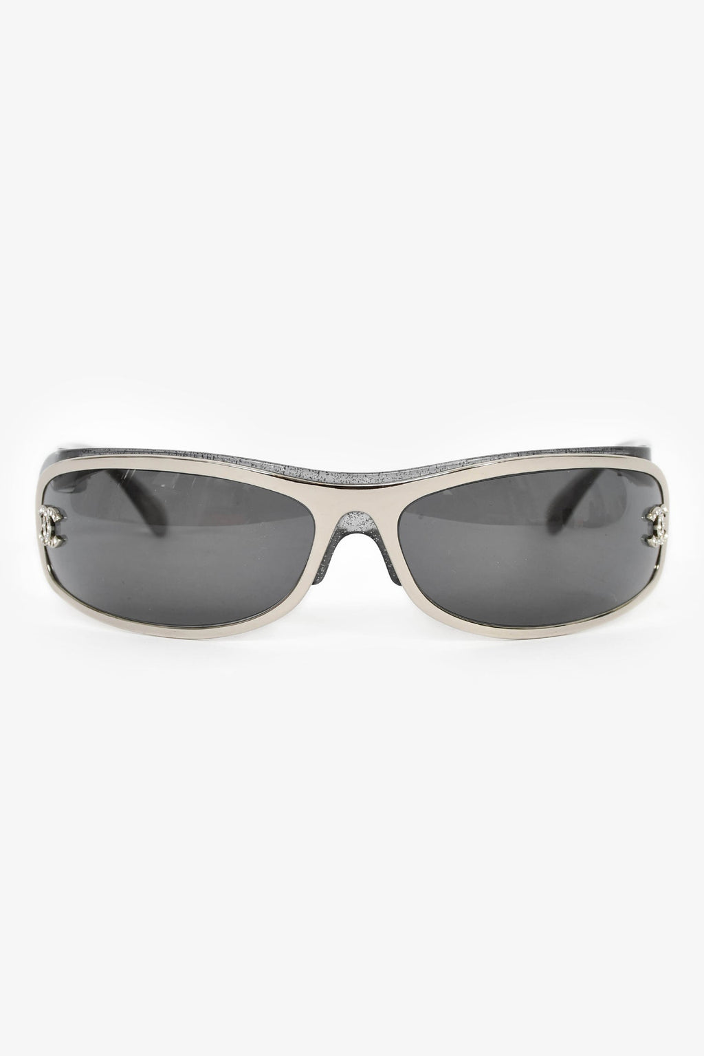 Pre-Loved Chanel™ Grey Glitter Slim Shield Crystal CC Sunglasses
