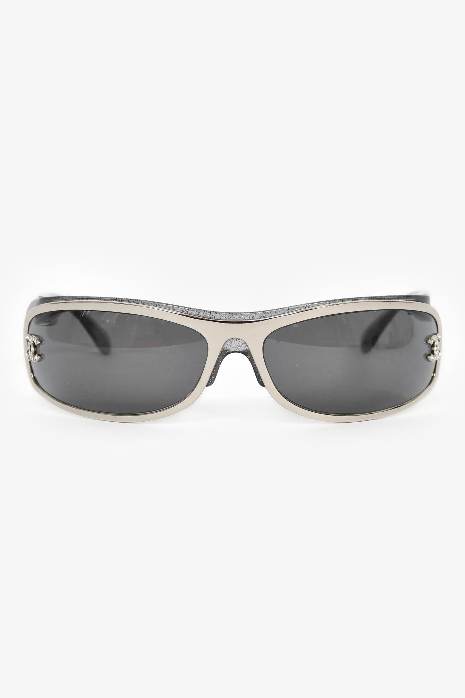 Pre-Loved Chanel™ Grey Glitter Slim Shield Crystal CC Sunglasses