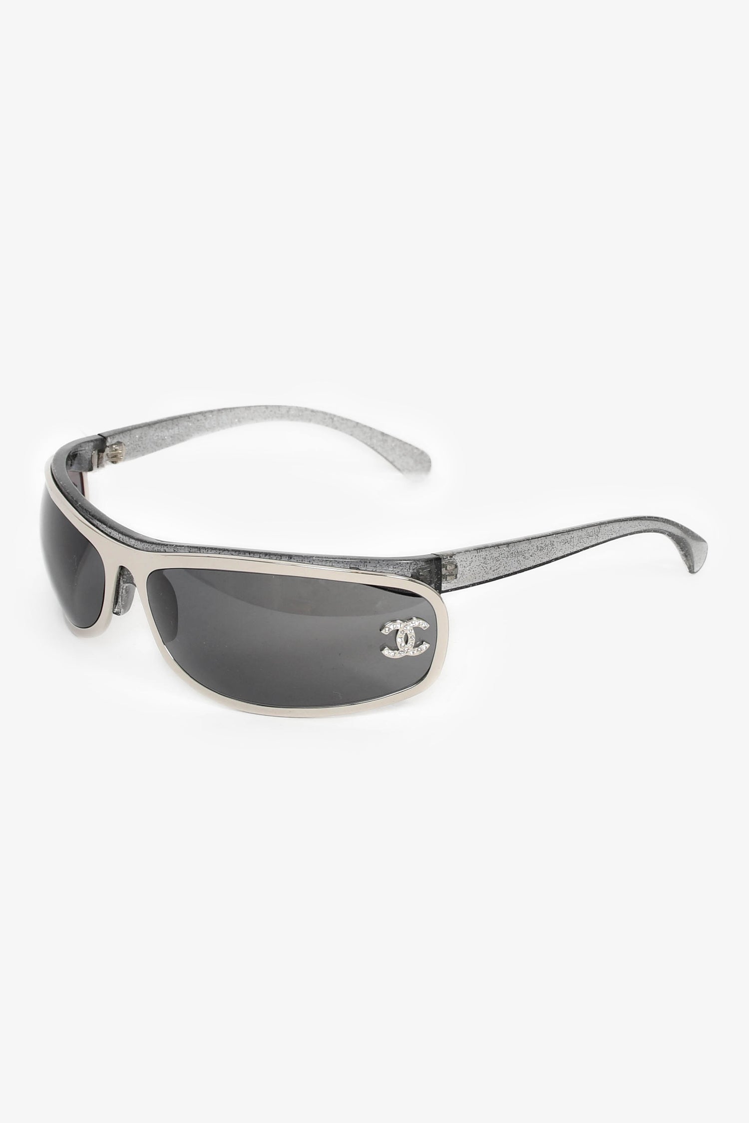 Pre-Loved Chanel™ Grey Glitter Slim Shield Crystal CC Sunglasses