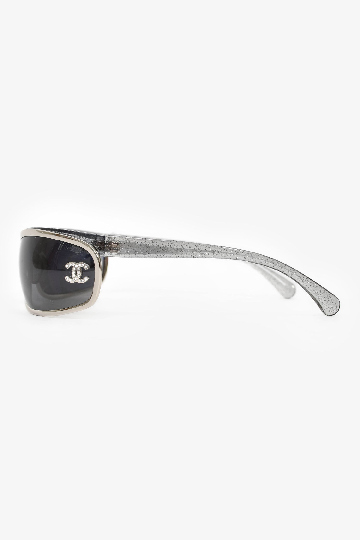 Pre-Loved Chanel™ Grey Glitter Slim Shield Crystal CC Sunglasses