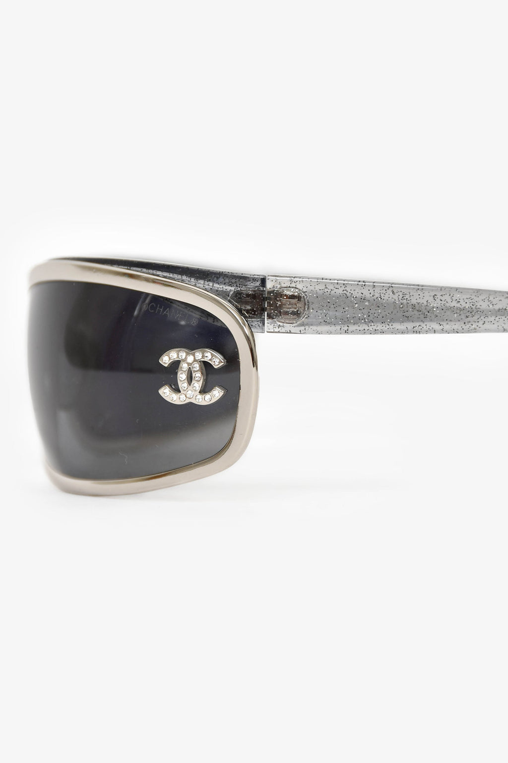 Pre-Loved Chanel™ Grey Glitter Slim Shield Crystal CC Sunglasses