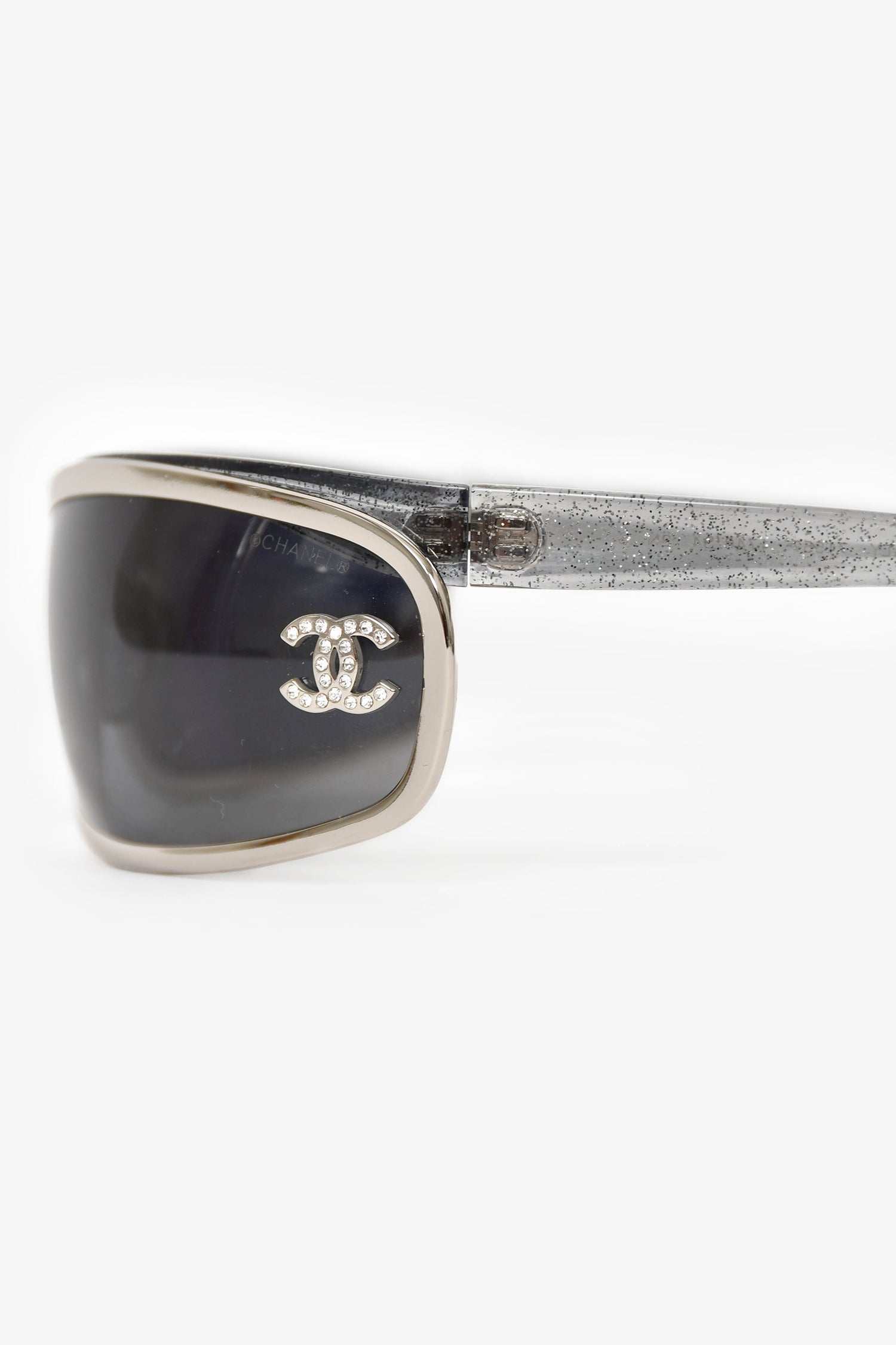 Pre-Loved Chanel™ Grey Glitter Slim Shield Crystal CC Sunglasses