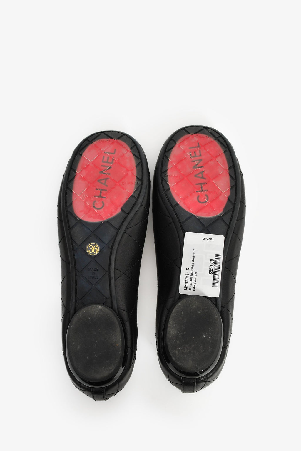 Pre-Loved Chanel™ 2004 Black/White 'Cambon' CC Ballet Flats Size 36