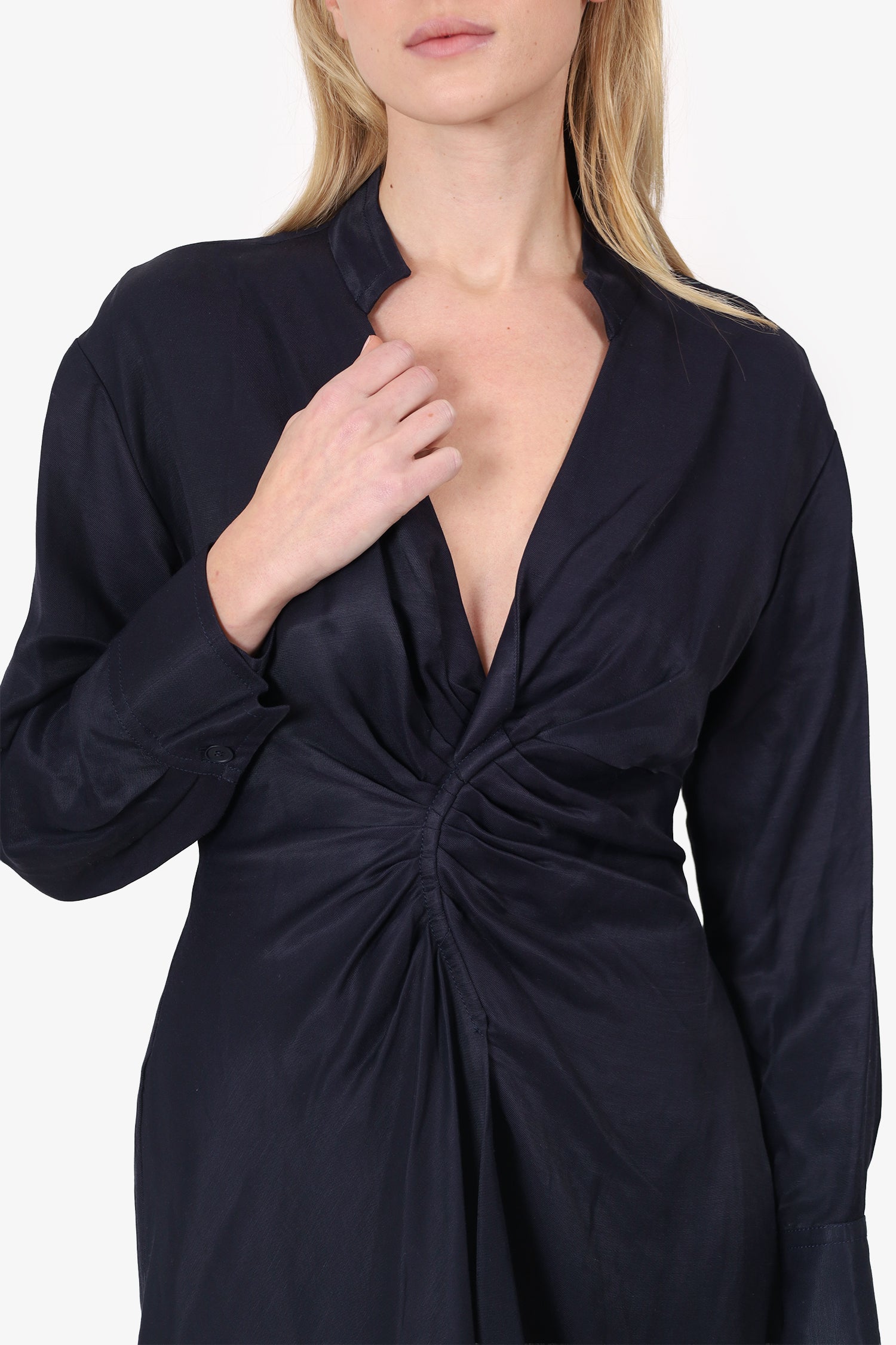 Sandro Navy Linen Blend Mini Shirt Dress Size 44