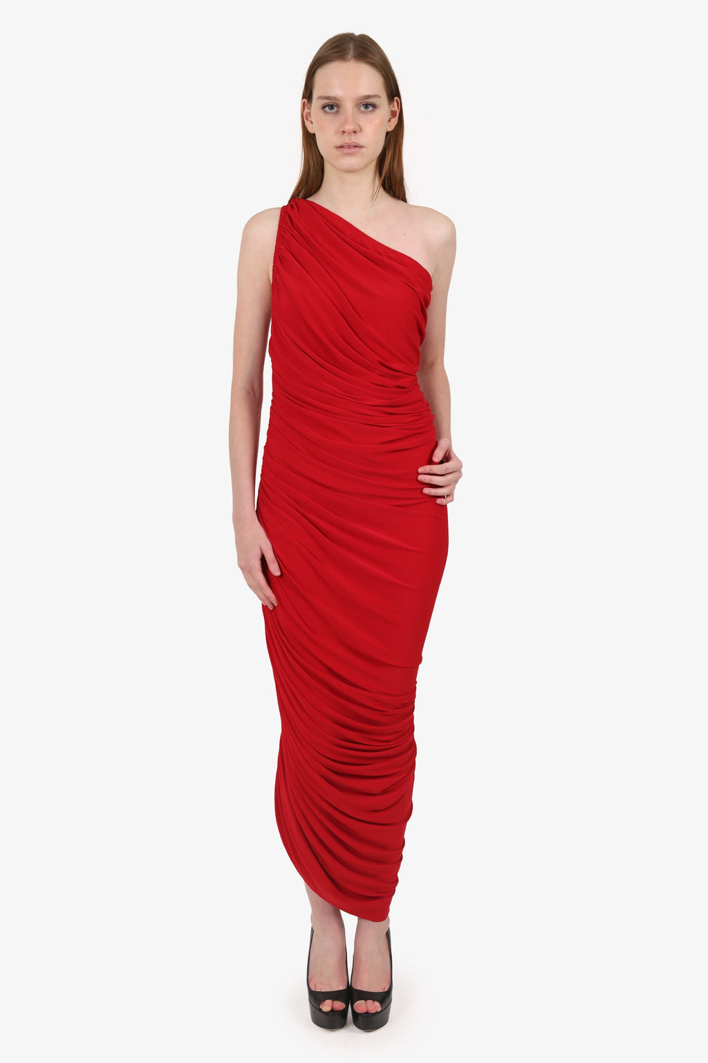 Norma Kamali Red One Shoulder Long Ruched Dress Size 38