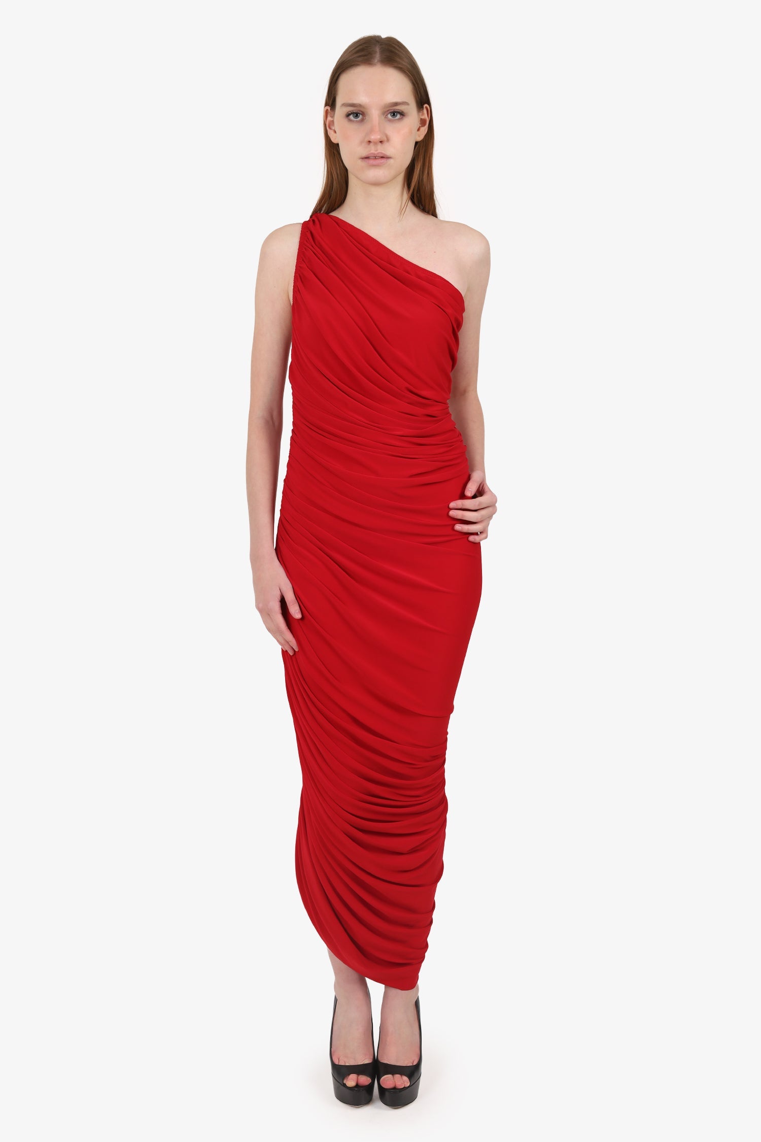 Norma Kamali Red One Shoulder Long Ruched Dress Size 38