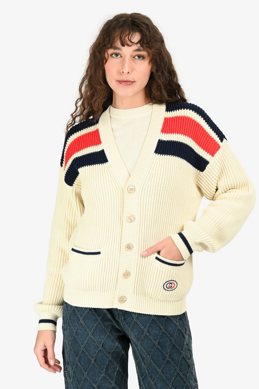 Gucci Cream GG Interlocking Logo V-Neck igan Size XS