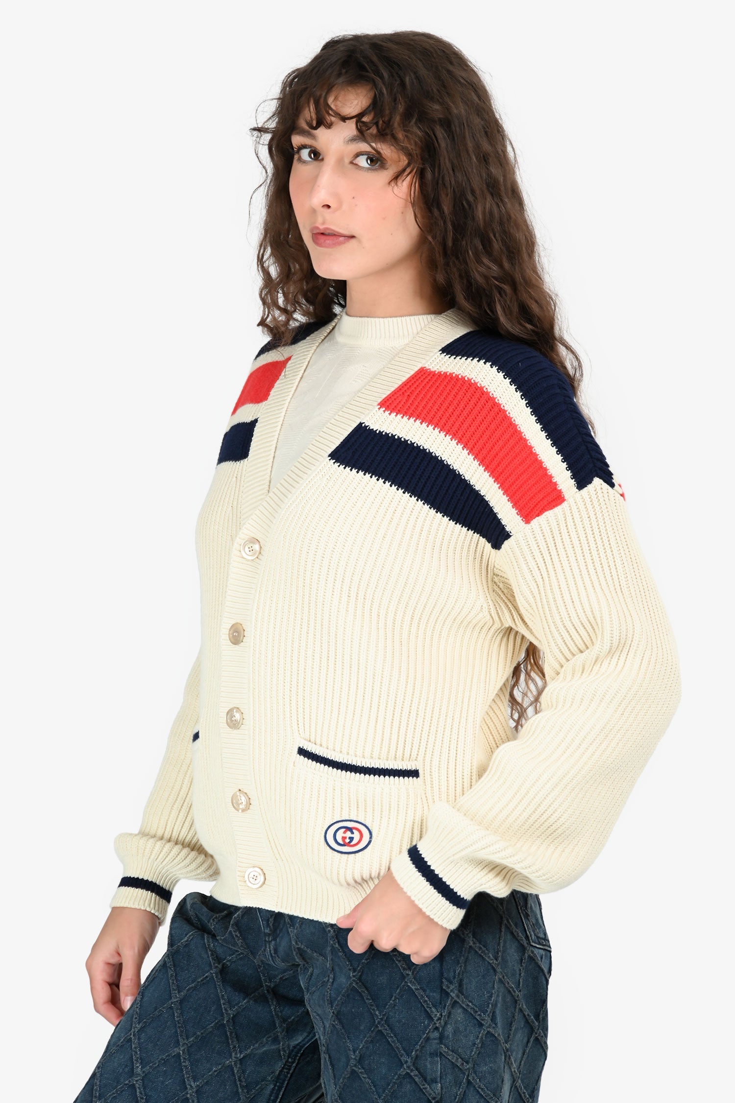 Gucci Cream GG Interlocking Logo V-Neck igan Size XS