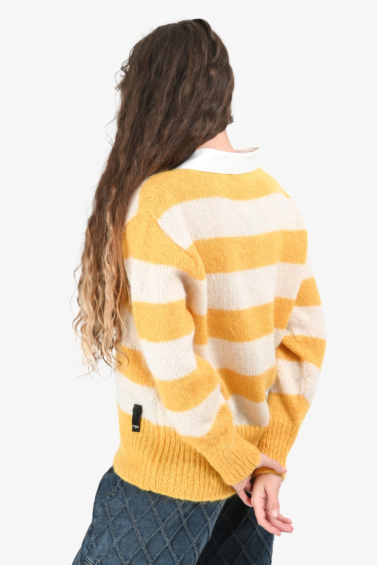 Fendi Yellow/White Stripe Mohair Polo Shirt Size 46