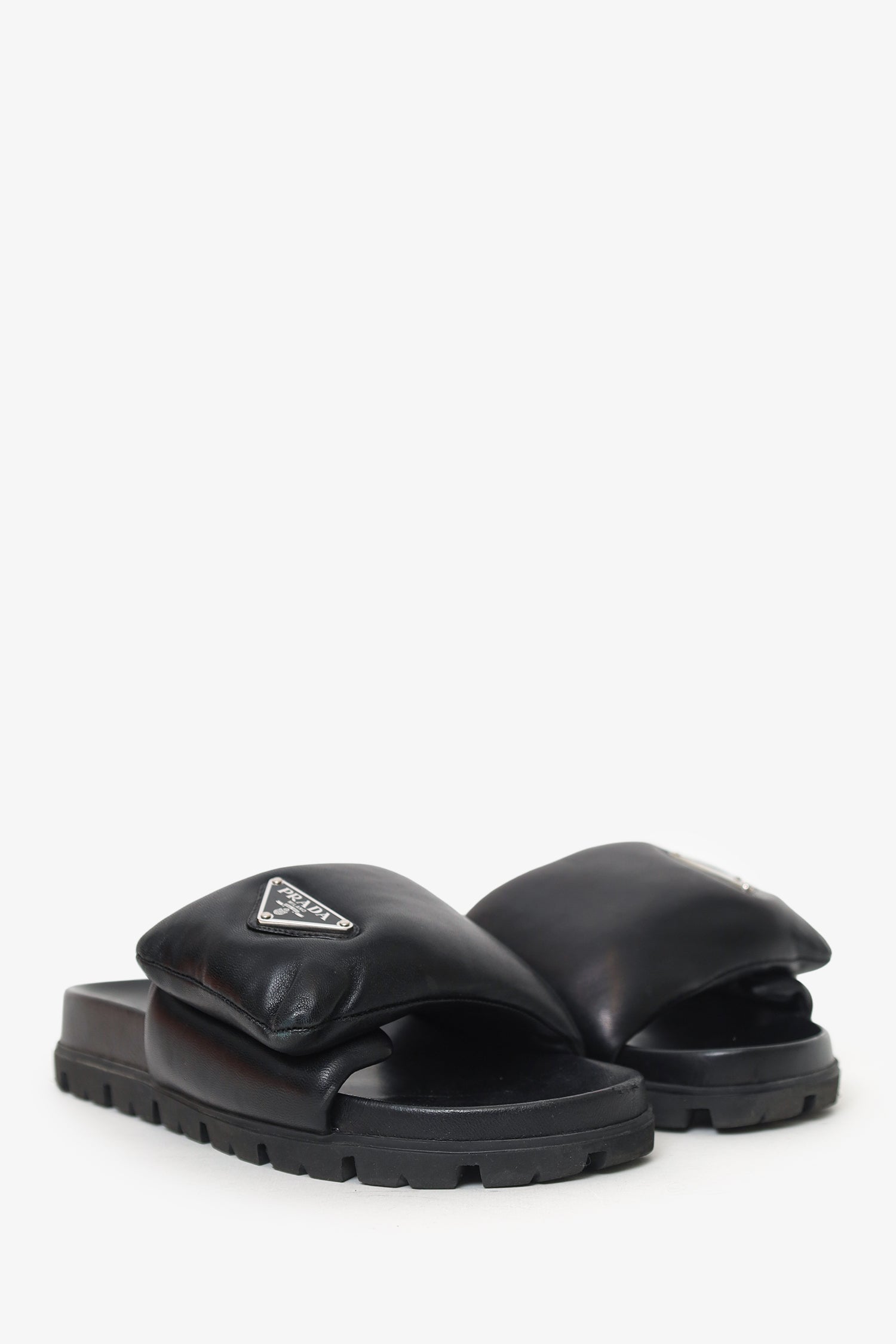 Prada Black Leather Padded Triangle Slides Size 35