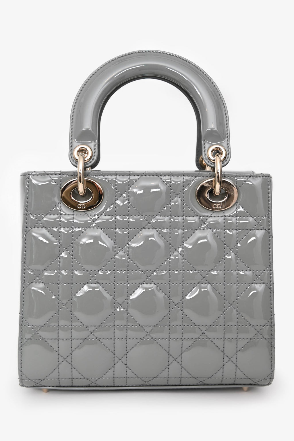 Christian Dior 2021 Grey Patent Leather Small Lady Dior Top Handle With Strap