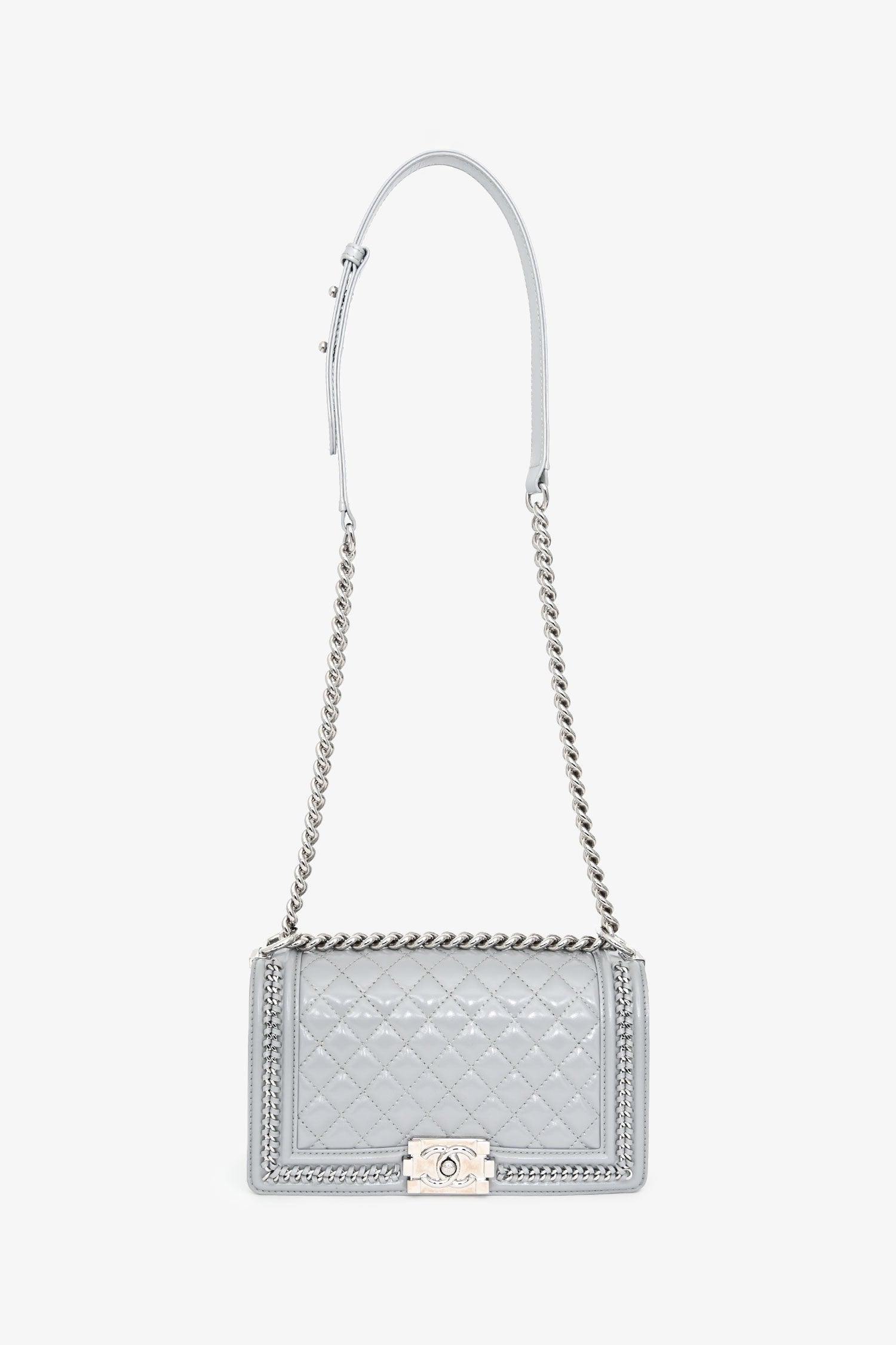 Pre-Loved Chanel™ 2019-2020 Grey Leather Quilted Medium Boy Bag SHW