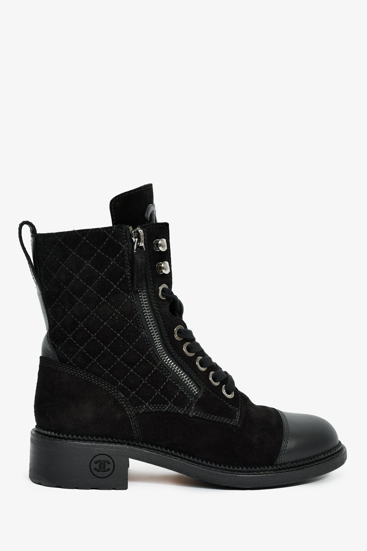 Pre-Loved Chanel™ 2018 Black Quilted Suede Lace Up Boots Size 37