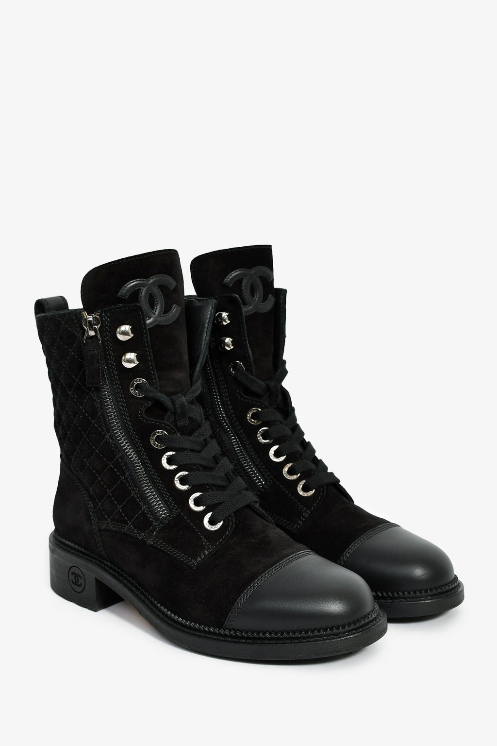 Pre-Loved Chanel™ 2018 Black Quilted Suede Lace Up Boots Size 37